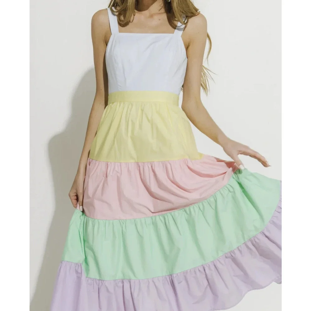 English Factory Pastel Color Block Tiered Midi Dress Sleeveless Size Medium - Picture 7 of 16